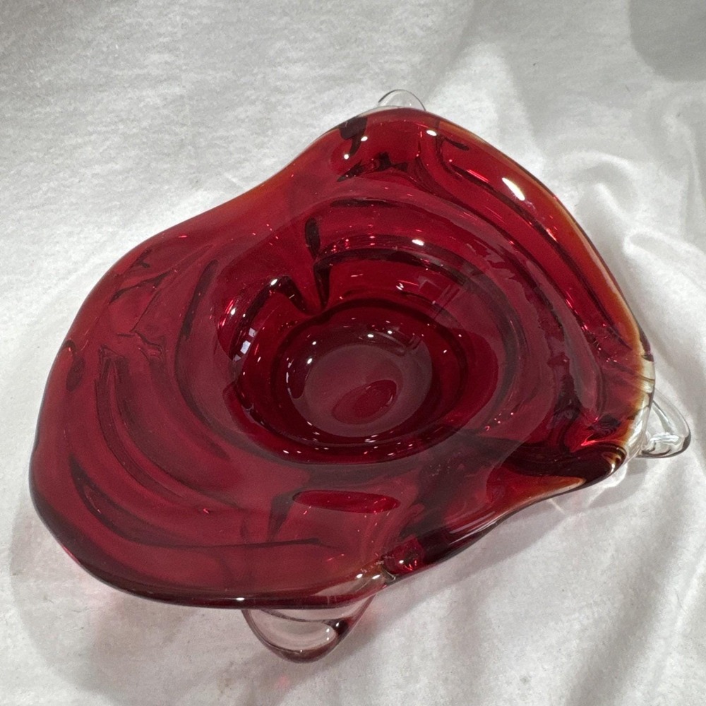 Vintage Murano-style Ruby Red Glass Bowl Art Deco Handblown Glass 9x8" Layered